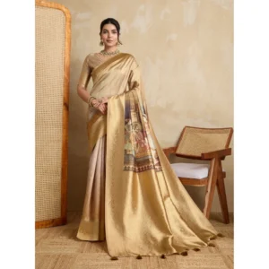 Generic Women's Silk Printed Saree With Unstitched Blouse 5.5Mtr (Gold)