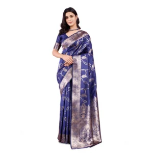 Generic Women's Banarasi Silk Printed Saree With Unstitched Blouse 5.5Mtr (Blue)