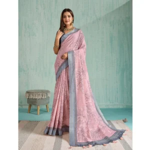 Generic Women's Silk Blend Printed Saree With Unstitched Blouse 5.5Mtr (Pink)