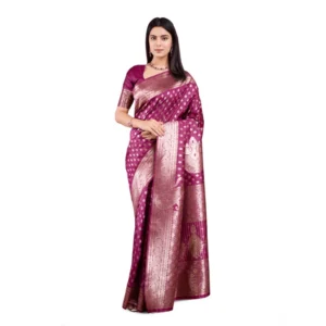 Generic Women's Banarasi Silk Printed Saree With Unstitched Blouse 5.5Mtr (Wine)