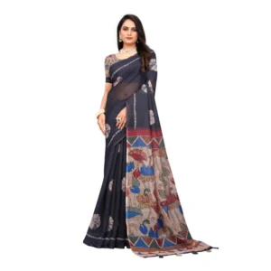 Generic Women's Linen Printed Saree With Unstitched Blouse 5.5Mtr (Black)