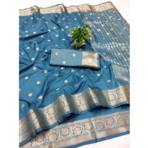 Generic Women's Jacquard Silk Jaquard Woven Saree With Unstitched Blouse 5.5Mtr (Light Blue)