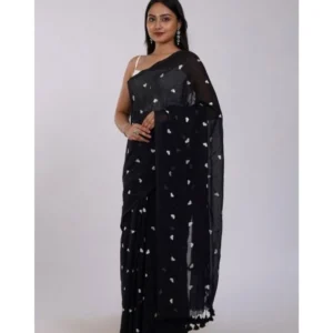 Generic Women's Linen Printed Saree With Unstitched Blouse 5.5Mtr (Black)