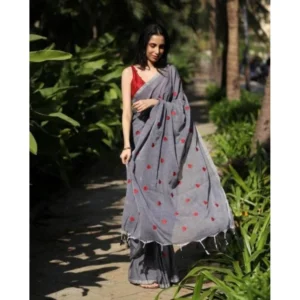 Generic Women's Linen Printed Saree With Unstitched Blouse 5.5Mtr (Grey)
