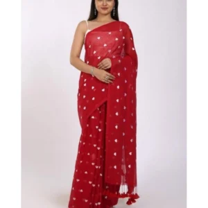 Generic Women's Linen Printed Saree With Unstitched Blouse 5.5Mtr (Red)