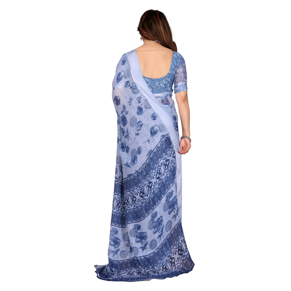 Generic Women's Georgette Printed Saree With Unstitched Blouse 5.5Mtr (Light Blue) - Image 3