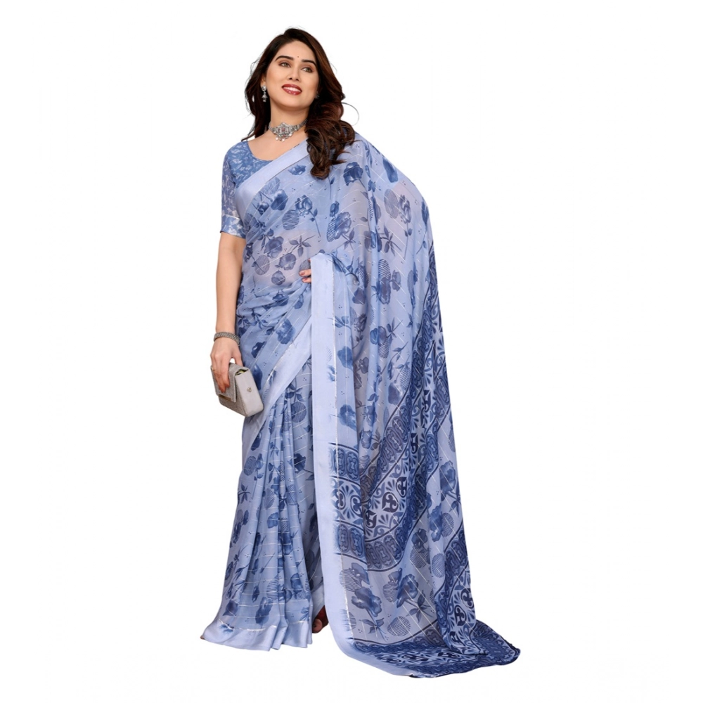 Generic Women's Georgette Printed Saree With Unstitched Blouse 5.5Mtr (Light Blue) - Image 2