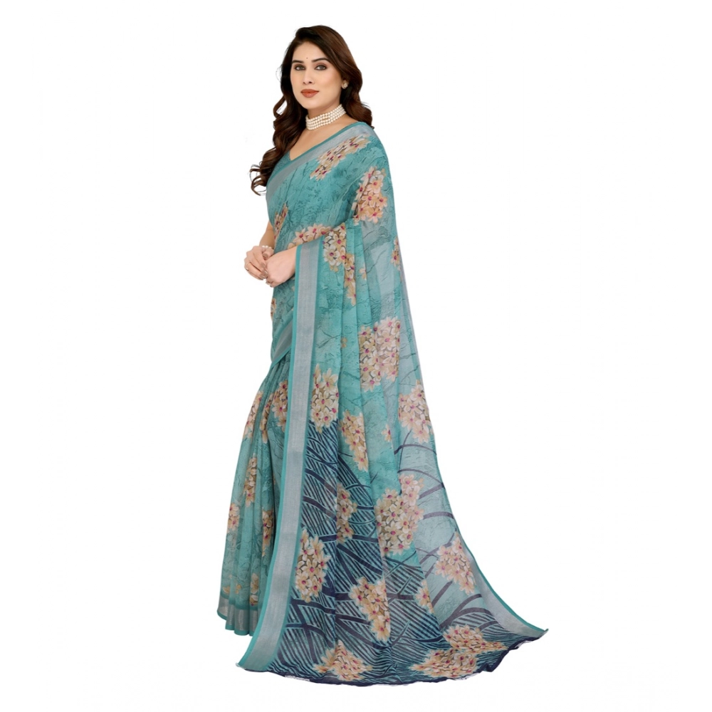 Generic Women's Georgette Printed Saree With Unstitched Blouse 5.5Mtr (Turquoise Green) - Image 4