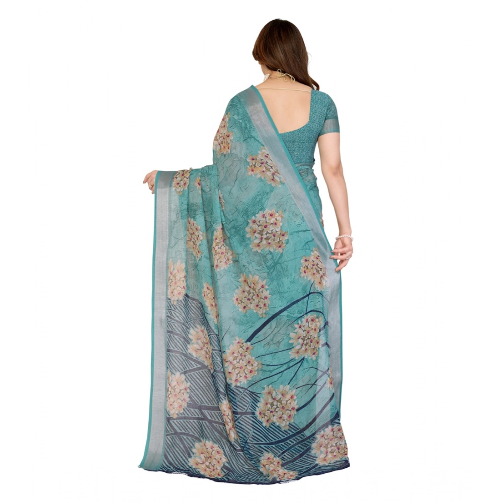 Generic Women's Georgette Printed Saree With Unstitched Blouse 5.5Mtr (Turquoise Green) - Image 3