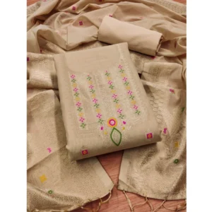 Generic Women's Banarasi Silk Printed Unstitched Salwar Suit Material With Dupatta (Cream, 3Mtrs)