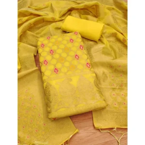 Generic Women's Banarasi Silk Printed Unstitched Salwar Suit Material With Dupatta (Yellow, 3Mtrs)