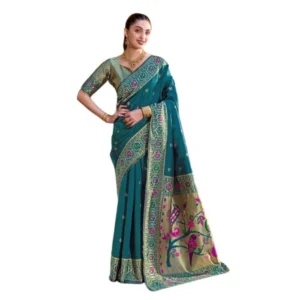 Generic Women's Silk Blend Paithani Weaving Saree With Unstitched Blouse 5.5Mtr (Teal)