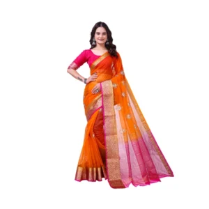 Generic Women's Organza jacquard Embellished Saree With Unstitched Blouse 5.5Mtr (Orange)