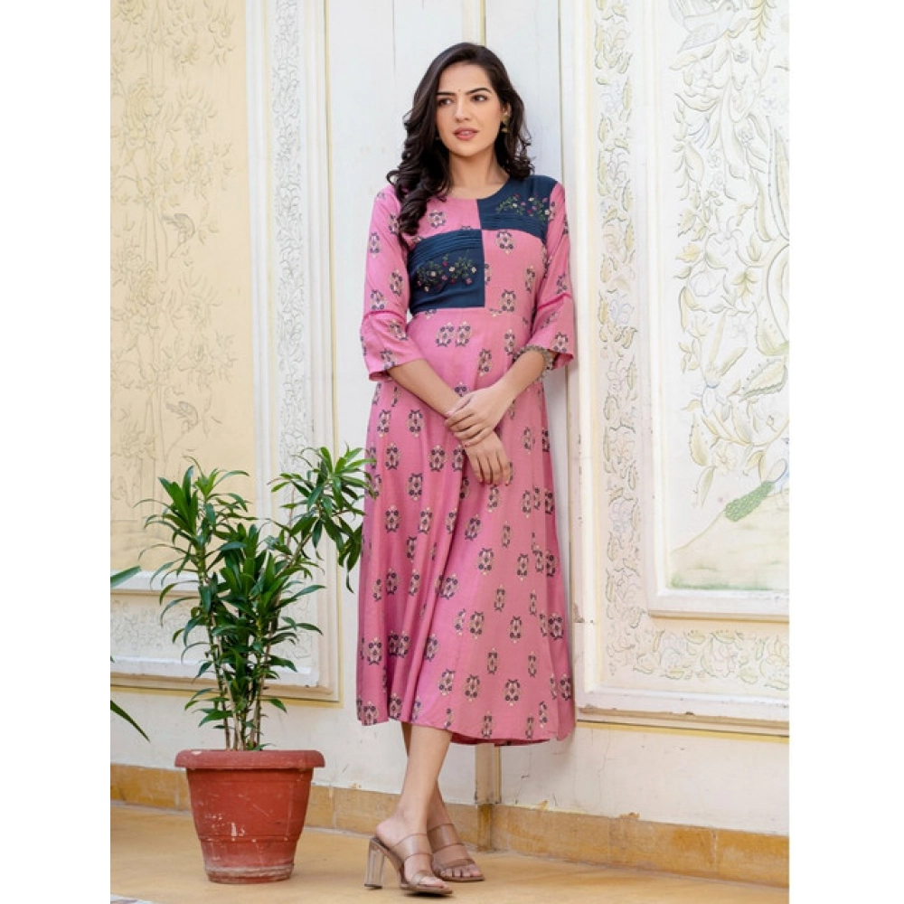 Generic Women's Rayon Print With Embroidery Work A-Line Kurti (Wine) - Image 5