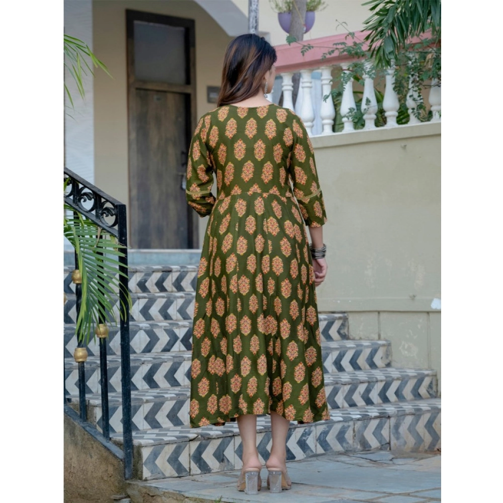 Generic Women's Rayon Print With Embroidery Work A-Line Kurti (Dark Green) - Image 2