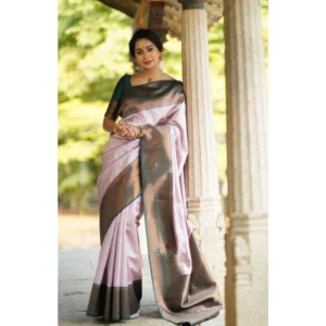 Generic Women's Soft Lichi Silk Printed Saree With Unstitched Blouse 5.5Mtr (Light-Pink)