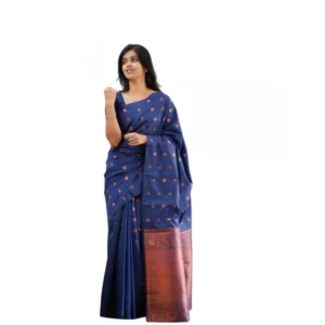 Generic Women's Soft Lichi Silk Printed Saree With Unstitched Blouse 5.5Mtr (Blue)