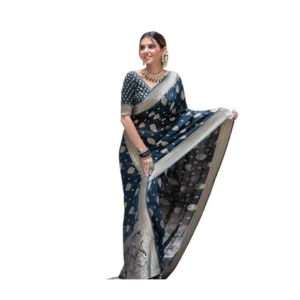 Generic Women's Soft Lichi Silk Printed Saree With Unstitched Blouse 5.5Mtr (Blue)