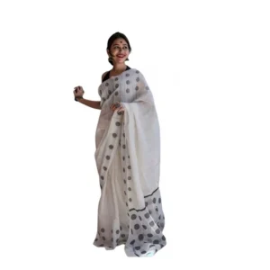 Generic Women's Soft Lilan Printed Saree With Unstitched Blouse 5.5Mtr (White)