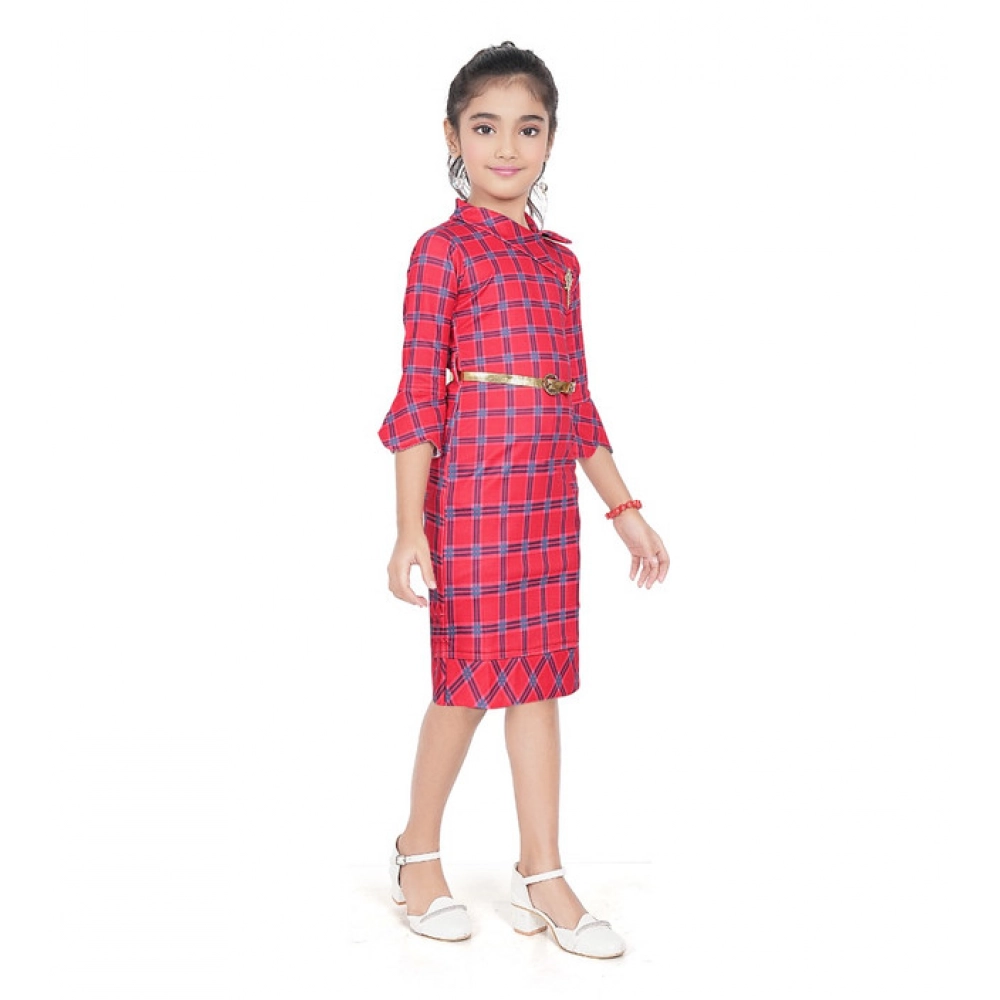 Generic Girl's Knitted Printed 3/4 th Sleeve Close Neck Dress (Pink) - Image 3