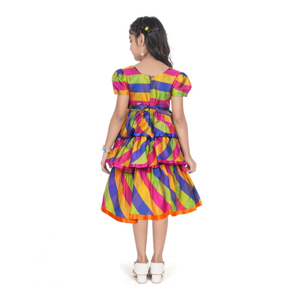 Generic Girl's Taffeta Silk Striped Short Sleeve V Neck Dress (Multicolor) - Image 3