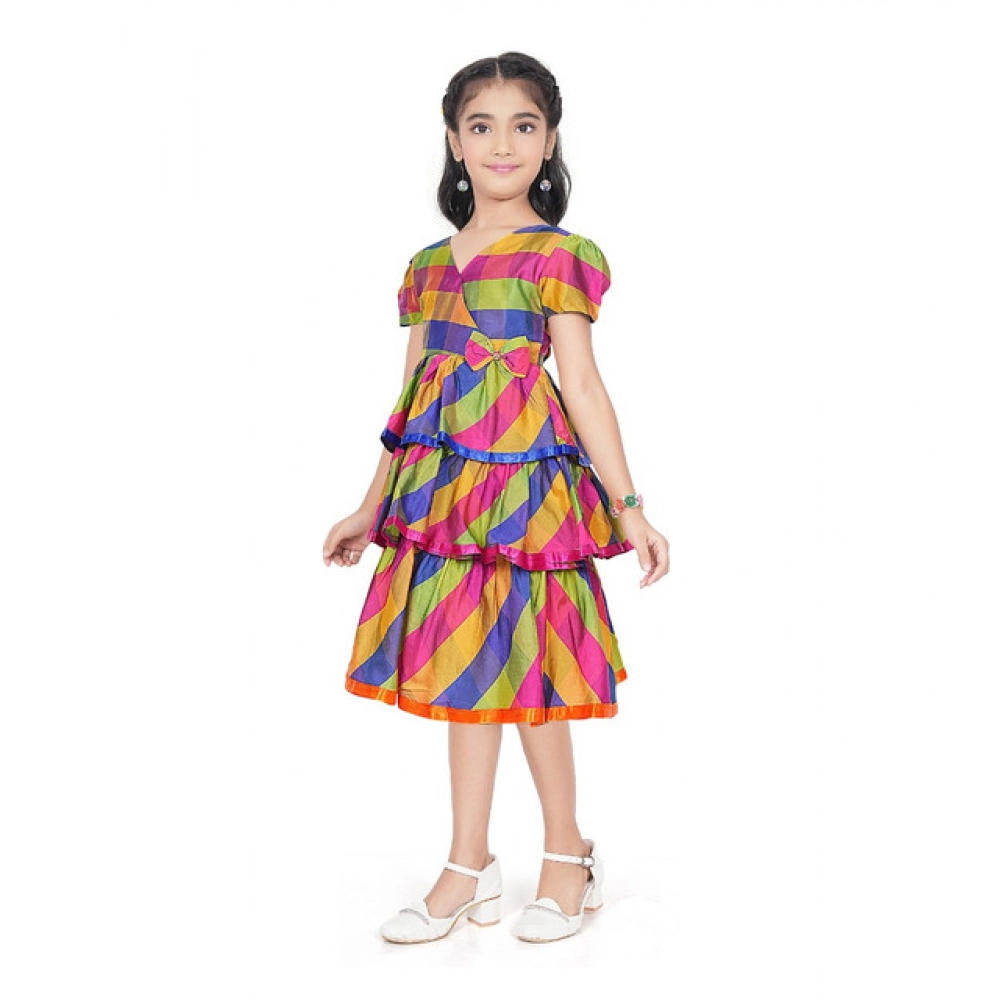 Generic Girl's Taffeta Silk Striped Short Sleeve V Neck Dress (Multicolor) - Image 2