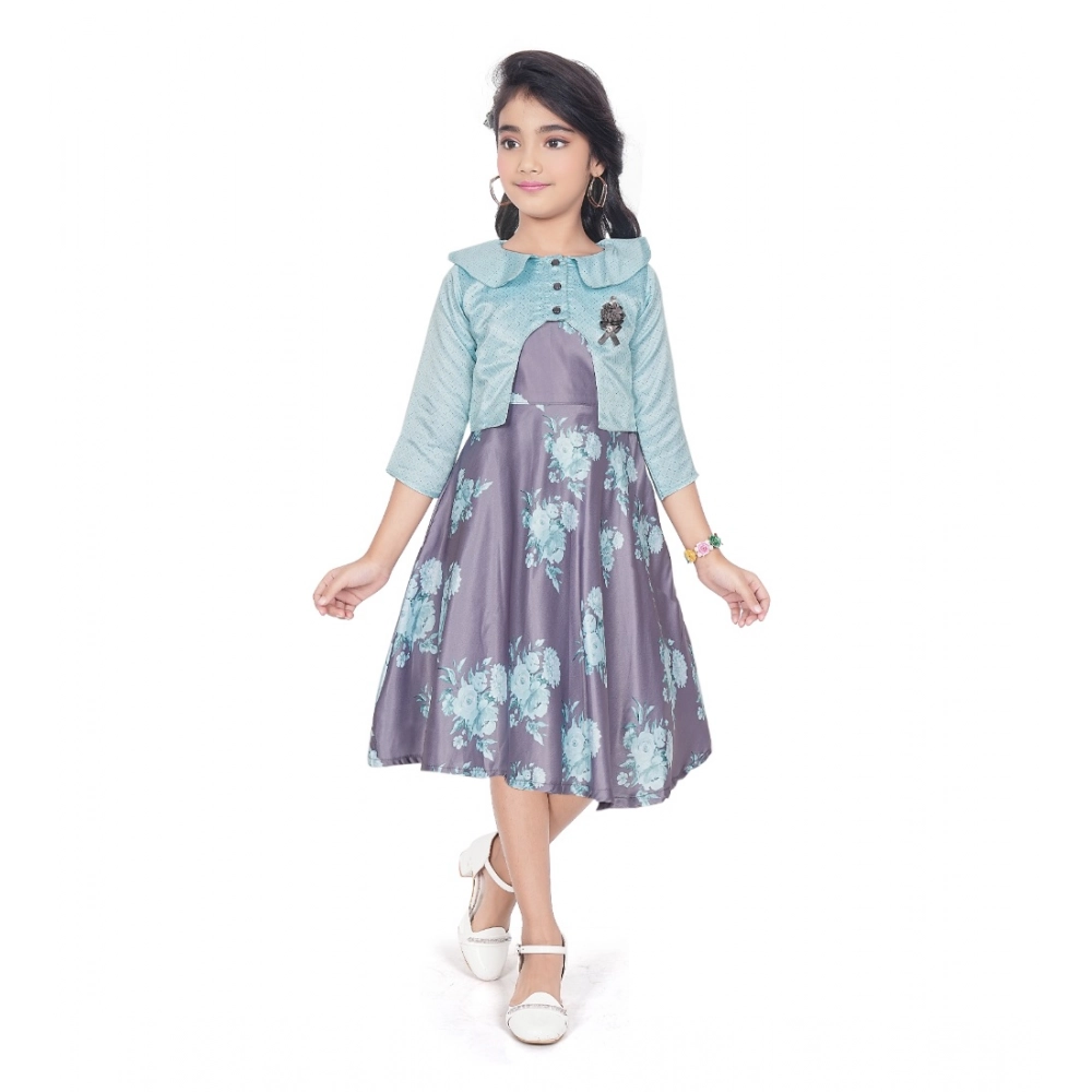 Generic Girl's Satin Printed Sleeve Less Round Neck Dress (Sea Green)