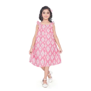 Generic Girl's Cotton Printed Sleeve Less Squre Neck Dress (Pink)