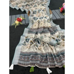 Generic Women's Linen Cotton  Printed Saree With Unstitched Blouse 5.5Mtr (Grey)