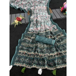 Generic Women's Linen Cotton  Printed Saree With Unstitched Blouse 5.5Mtr (Blue)