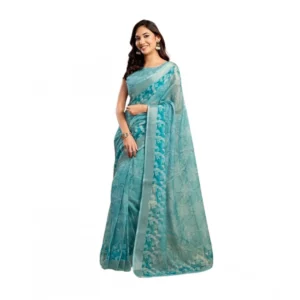 Generic Women's Faux_Linen Printed Ready-to-Wear Saree With Unstitched Blouse 5.5 Mtr (Aqua_Blue)