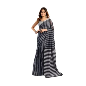Generic Women's Faux_Linen Printed Ready-to-Wear Saree With Unstitched Blouse 5.5 Mtr (Black)