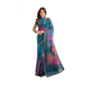 Generic Women's Faux_Linen Printed Ready-to-Wear Saree With Unstitched Blouse 5.5 Mtr (Teal)