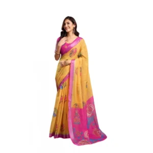 Generic Women's Faux_Linen Printed Ready-to-Wear Saree With Unstitched Blouse 5.5 Mtr (Yellow)
