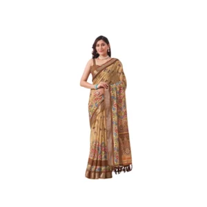 Generic Women's Faux_Linen Printed Saree With Unstitched Blouse 5.5Mtr (Beige)