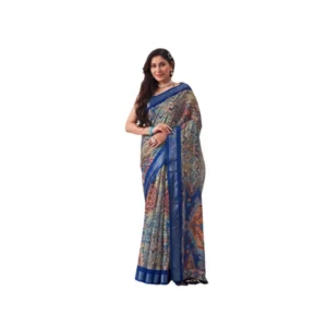 Generic Women's Faux_Linen Printed Saree With Unstitched Blouse 5.5Mtr (Navy_Blue)