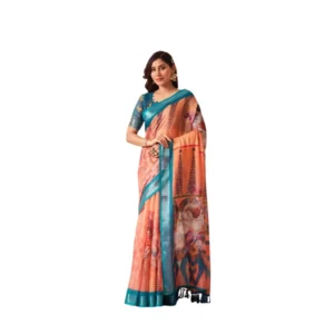 Generic Women's Faux_Linen Printed Saree With Unstitched Blouse 5.5Mtr (Peach)