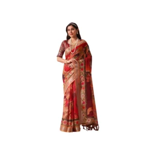 Generic Women's Faux_Linen Printed Saree With Unstitched Blouse 5.5Mtr (Red)