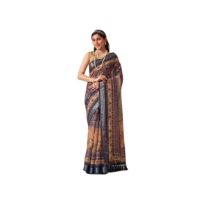 Generic Women's Faux_Linen Printed Saree With Unstitched Blouse 5.5Mtr (Navy_Blue)