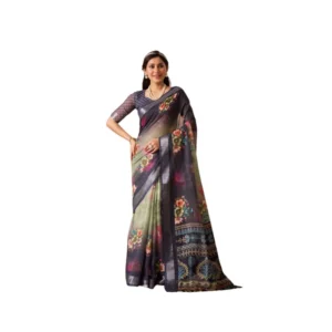 Generic Women's Faux_Linen Printed Saree With Unstitched Blouse 5.5Mtr (Navy_Blue)
