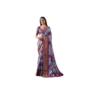 Generic Women's Faux_Silk Printed Saree With Unstitched Blouse 5.5Mtr (Blue)
