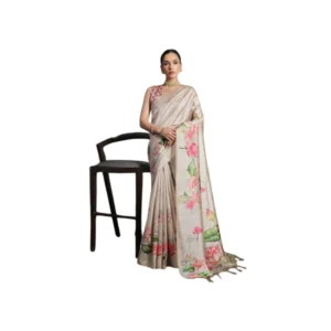 Generic Women's Cotton Printed Saree With Unstitched Blouse 5.5 Mtr (Cream)