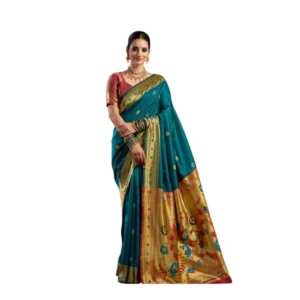 Generic Women's Silk Blend Woven Saree With Unstitched Blouse 5.5 Mtr (Teal)