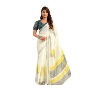 Generic Women's Linen Cotton Printed Ready To Wear Saree With Unstitched Blouse 5.5 Mtr (Off_White)