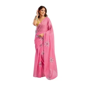 Generic Women's Linen Cotton Printed Ready To Wear Saree With Unstitched Blouse 5.5 Mtr (Pink)
