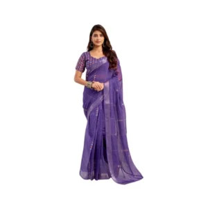 Generic Women's Linen Cotton Printed Ready To Wear Saree With Unstitched Blouse 5.5 Mtr (Purple)