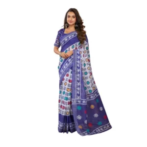 Generic Women's Linen Cotton Printed Ready To Wear Saree With Unstitched Blouse 5.5 Mtr (Blue)