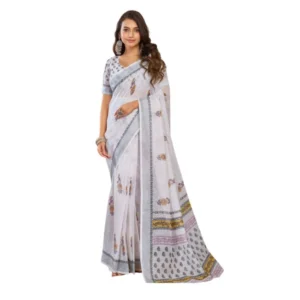 Generic Women's Linen Cotton Printed Ready To Wear Saree With Unstitched Blouse 5.5 Mtr (Off_White)