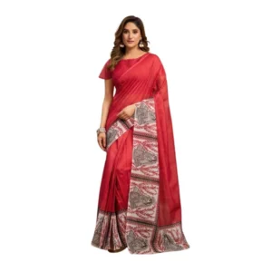 Generic Women's Linen Cotton Printed Ready To Wear Saree With Unstitched Blouse 5.5 Mtr (Red)