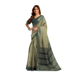 Generic Women's Linen Cotton Printed Ready To Wear With Pocket Saree With Unstitched Blouse 5.5 Mtr (Olive)